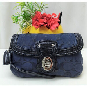 Coach Legacy Signature Blue Canvas Black Leather Trim Flap Wristlet -Coin Wallet